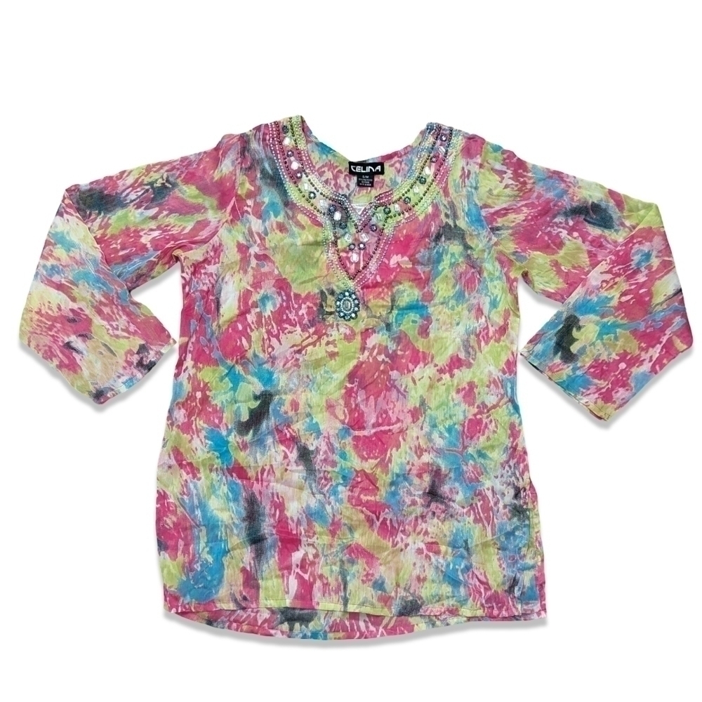 4/$15 CELINA BEADED AND RINESTONE V-NECK COLORFUL SHEER BOHO BLOUSE